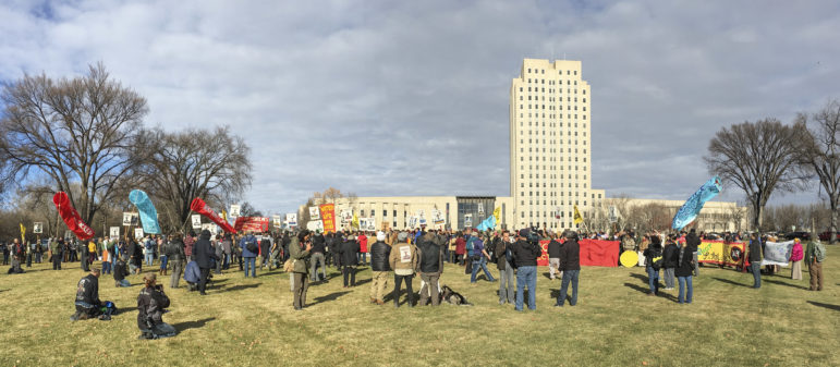 Hundreds of protesters gather in November at the North Dakota Capitol in Bismarck to demonstrate against the Dakota Access Pipeline. Protests have become more frequent in recent weeks.