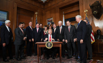  A review of the Antiquities Act is a victory for Utah's Republican political leaders, who are among the people flanking President Donald Trump as he signed an executive order April 16, 2017.