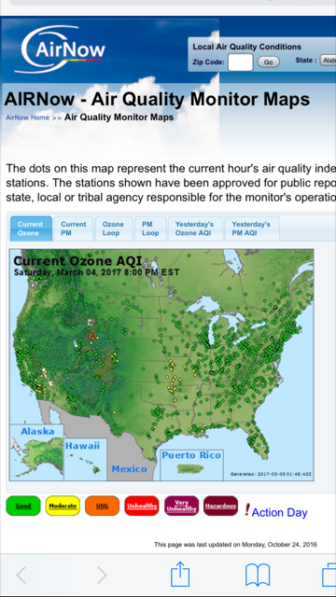 Ozone levels throughout the US, showing high levels in the Upper Green River Basin