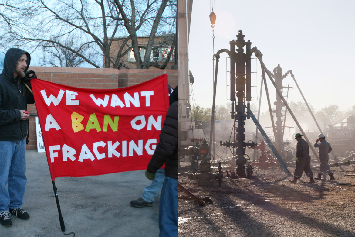 Fracking vs Frac’ing: On the left, fracking protesters hold signs outside Fort Collins City Council Chambers March 5, 2013. Pictured on the right, the fracturing process at a well site.