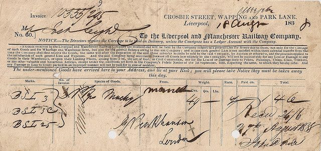 Liverpool and Manchester Railway Waybill, 1843. Shared via a Creative Commons Attribution -NonCommercial License from Flickr user Ian Dinmore.