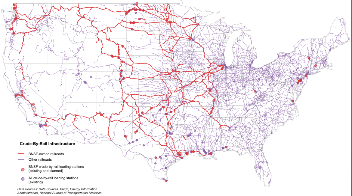 This map shows BNSF-owned railroad lines and crude-by-rail loading facilities (in red), as well as infrastructure owned by other railroad companies. Although we can't be sure where exactly railroad companies are routing train, this map serves as a starting point.