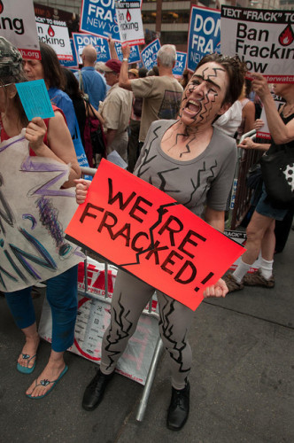 A protester at an anti-fracking march in New York in 2012.