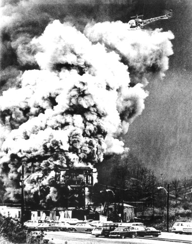 Fire and smoke pouring from the Consol No. 9 mine in Farmington, West Virginia following an explosion on November 20, 1968.