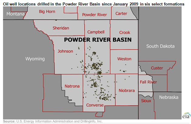 Oil well locations drilled in the Powder River Basin since January 2009