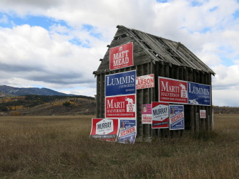 Republican campaign signs cover a roadside shack near Alpine, Wyoming.