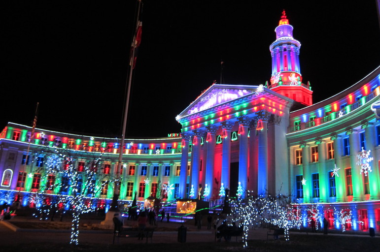 The annual holiday light display at Denver's City & County Building