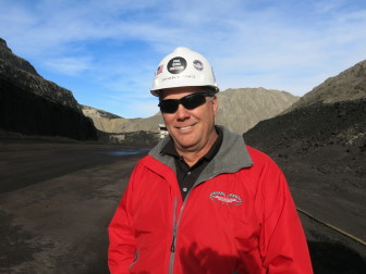 Brian Wenig, one of the lead engineers at the Cordero Rojo Mine proudly wears a "coal, guns, freedom" sticker on his hard hat.