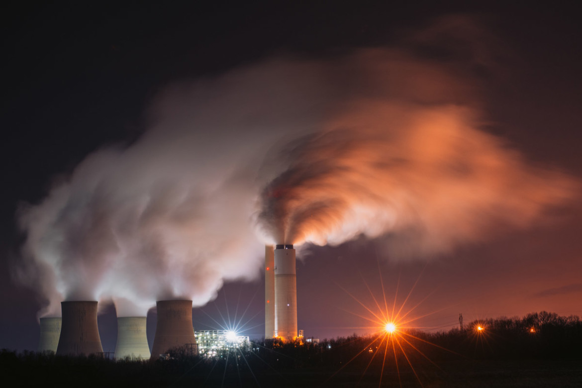 A nighttime view of the Keystone Generating Facility, a coal-fired power plant in southwestern Pennsylvania. 