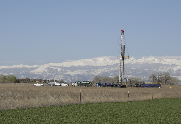 A drilling rig operating near Erie, Colorado on Monday.