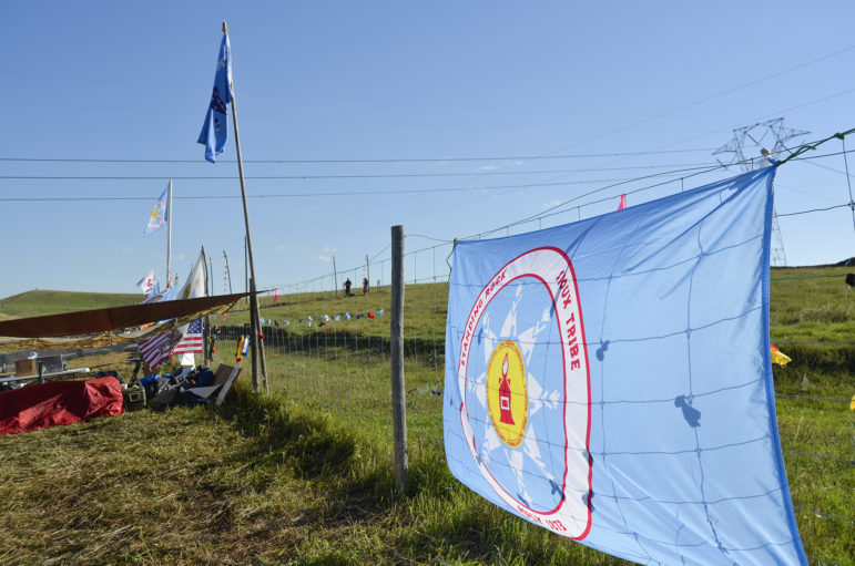 Signs of protest at the Dakota Access pipeline construction site. 